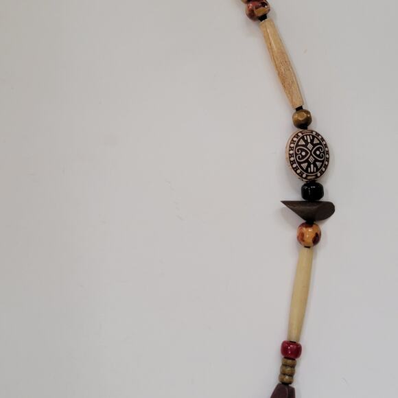 Tribal Boho Beaded Necklace With Carved Wood Bone Style Beads And Earthy Accents - Picture 2 of 10
